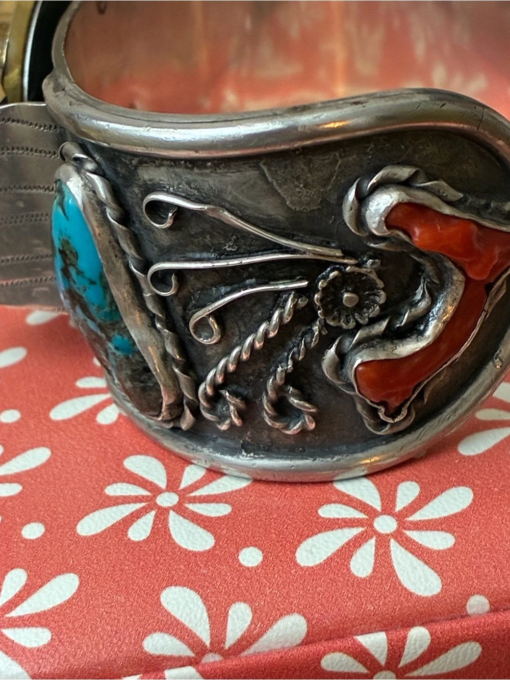 Sterling Silver Cuff Watch Band with Turquoise and Coral Accents